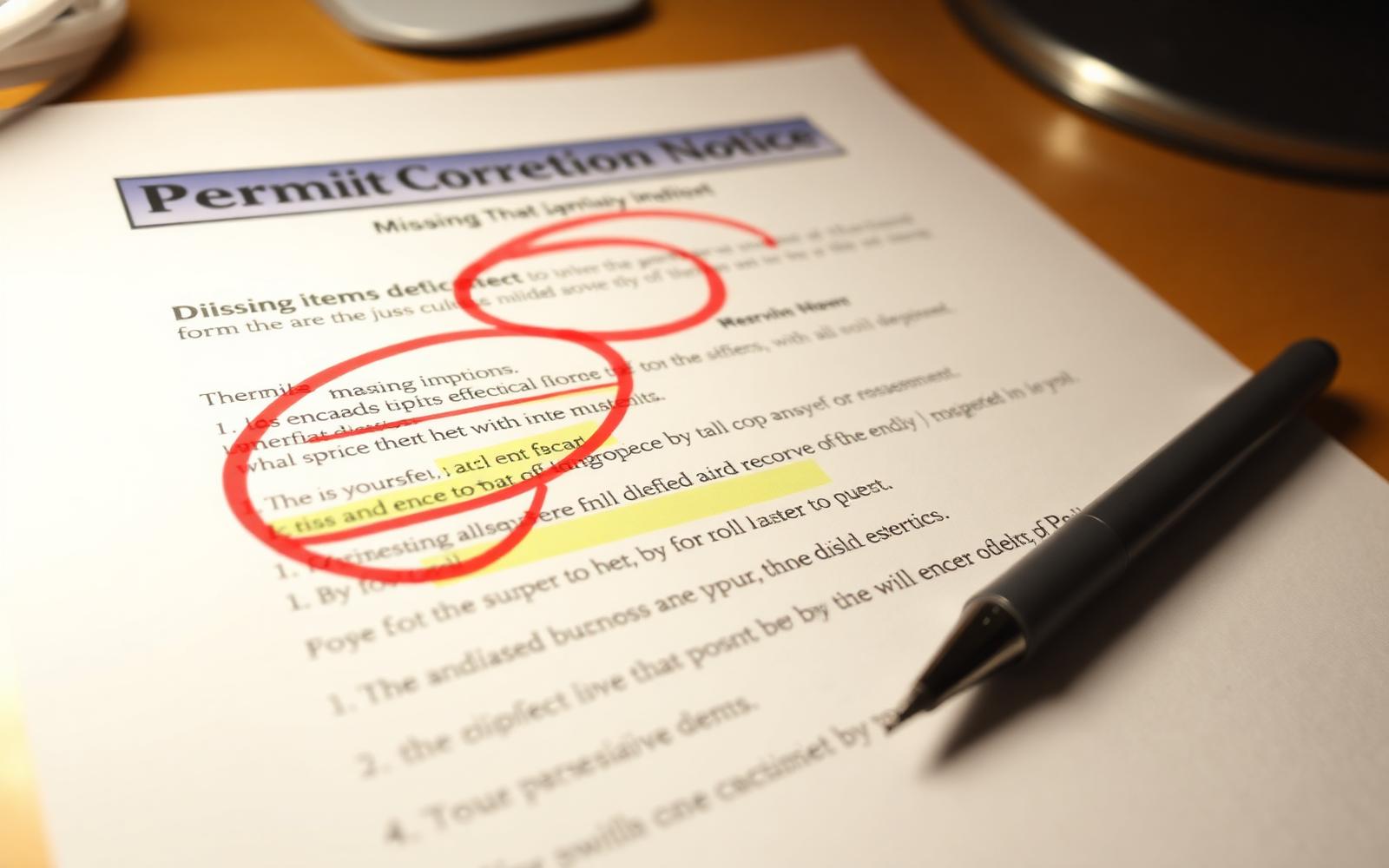 A printed correction notice with line items circled in red and highlighted in yellow.