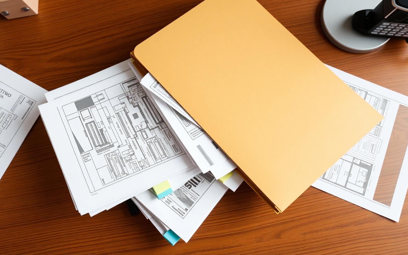 An open manila folder with rolled architectural drawings and printed forms on a wood desk.