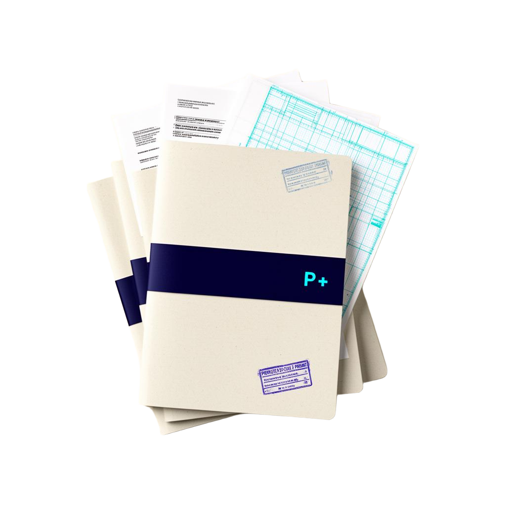 Permit dossier folders with cyan stamp showing the assembled packet.