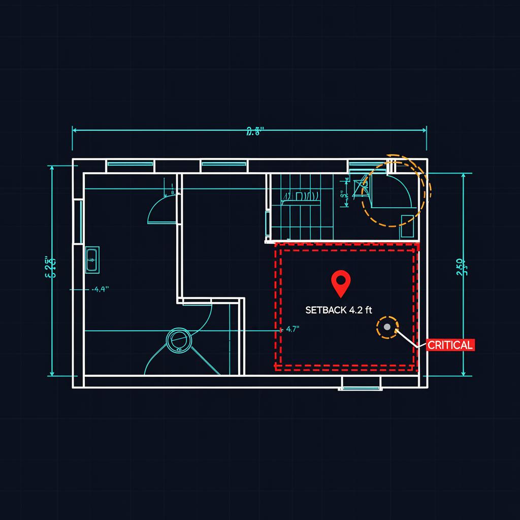 Architectural site plan with annotated issue tags and a highlighted setback conflict.