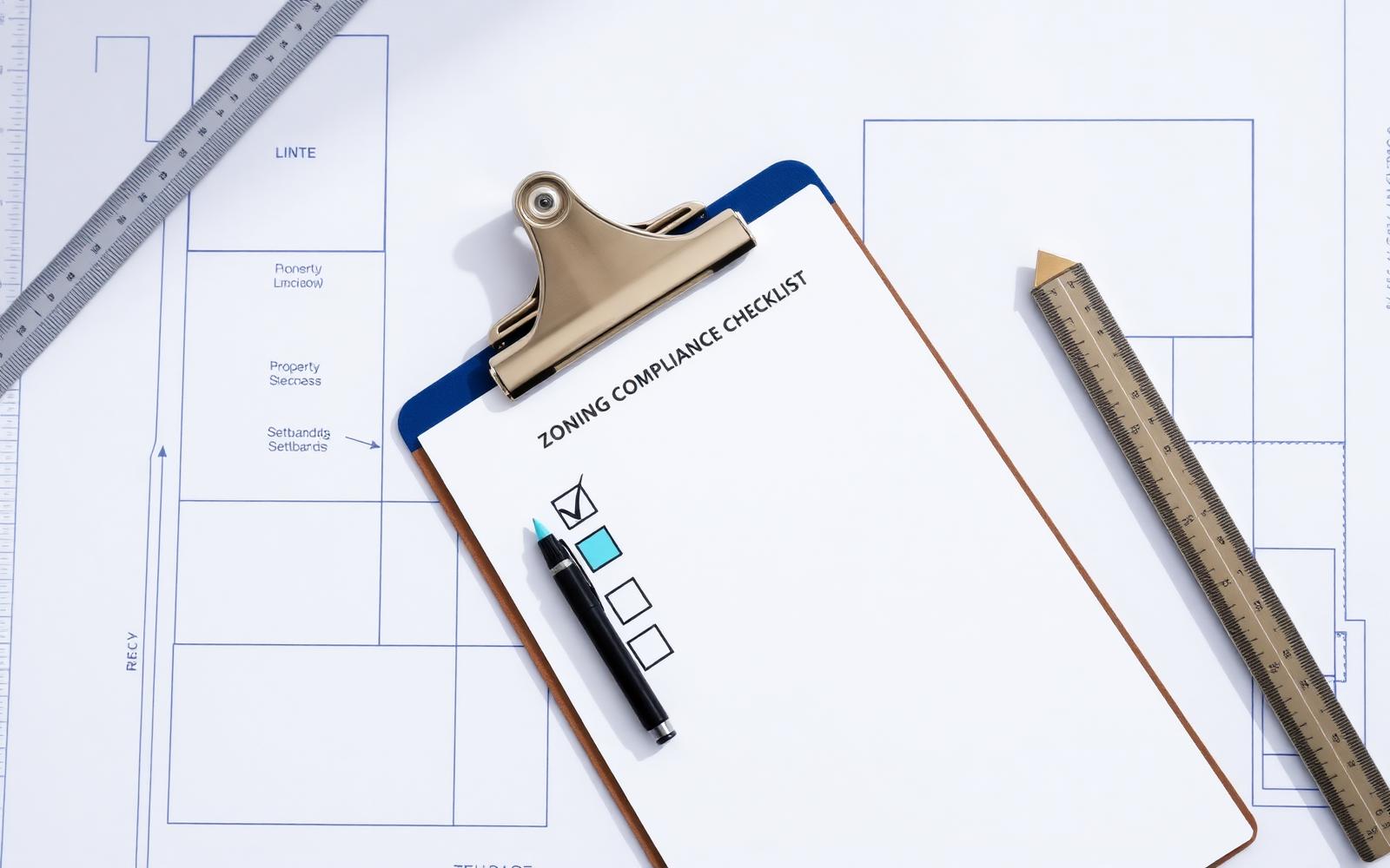 Zoning compliance clipboard on a blueprint with a teal-tabbed checklist and a scale ruler.